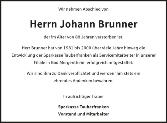 Traueranzeige von Johann Brunner von Fränkische Nachrichten