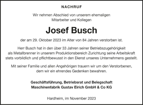 Traueranzeige von Josef Busch von Fränkische Nachrichten