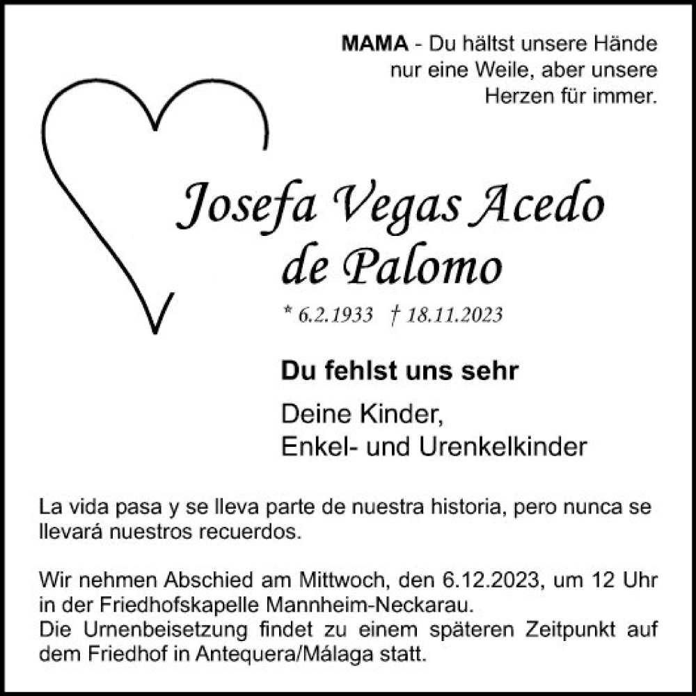 Traueranzeige für Josefa Vegas Acedo de Palomo vom 25.11.2023 aus Mannheimer Morgen