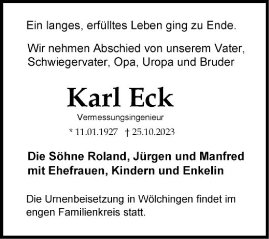 Traueranzeige von Karl Eck von Fränkische Nachrichten