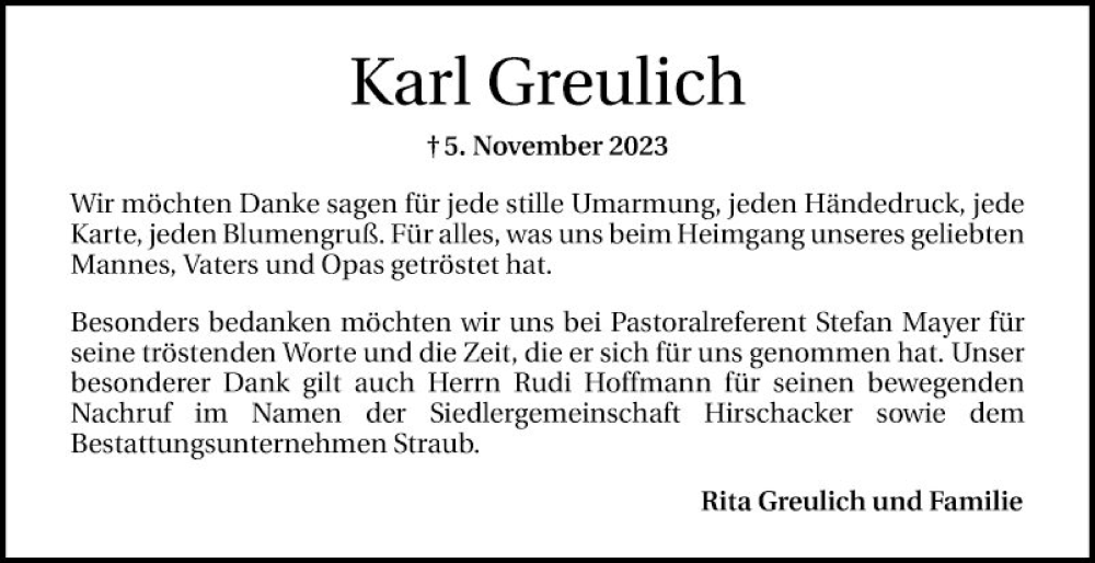  Traueranzeige für Karl Greulich vom 25.11.2023 aus Schwetzinger Zeitung