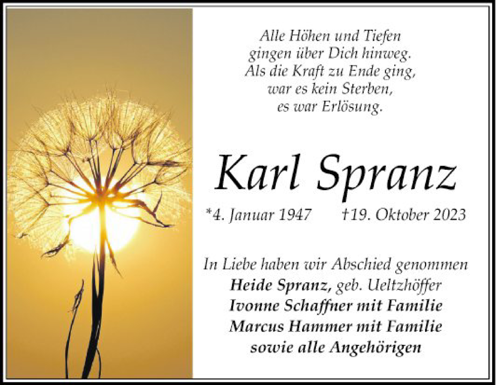  Traueranzeige für Karl Spranz vom 25.11.2023 aus Schwetzinger Zeitung