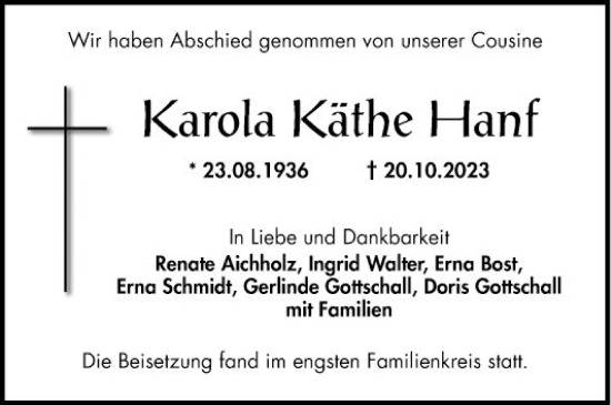 Traueranzeige von Karola Käthe Hanf von Mannheimer Morgen