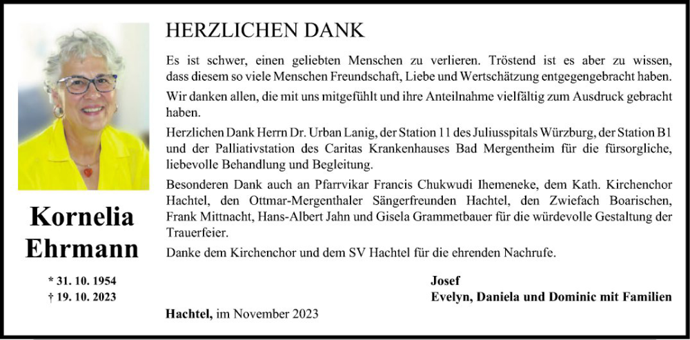  Traueranzeige für Kornelia Ehrmann vom 10.11.2023 aus Fränkische Nachrichten