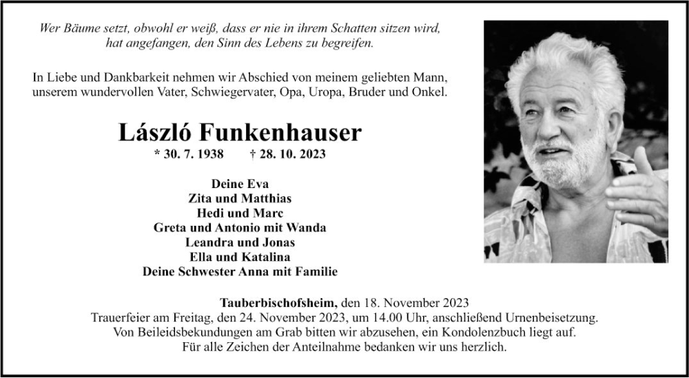  Traueranzeige für Laszlo Funkenhauser vom 18.11.2023 aus Fränkische Nachrichten