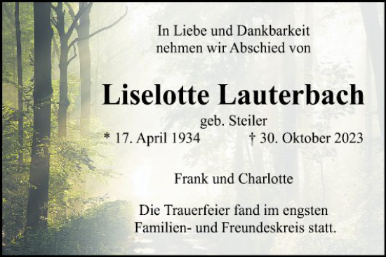 Traueranzeige von Liselotte Lauterbach von Mannheimer Morgen
