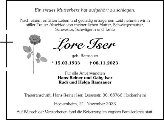 Traueranzeige von Lore Iser von Schwetzinger Zeitung