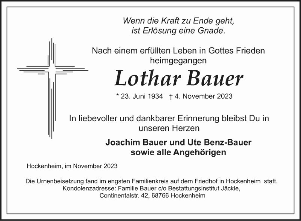  Traueranzeige für Lothar Bauer vom 25.11.2023 aus Schwetzinger Zeitung