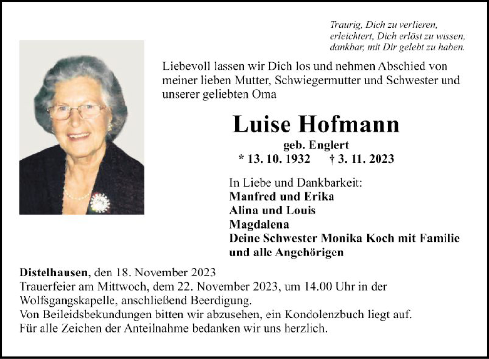  Traueranzeige für Luise Hofmann vom 18.11.2023 aus Fränkische Nachrichten