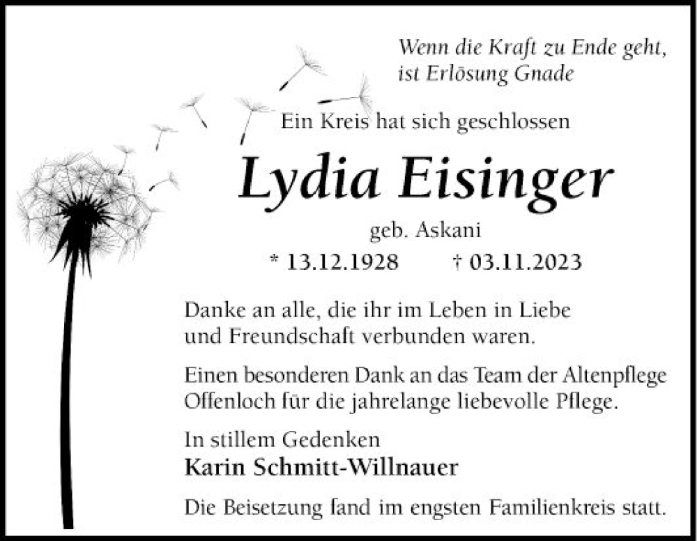  Traueranzeige für Lydia Eisinger vom 18.11.2023 aus Schwetzinger Zeitung