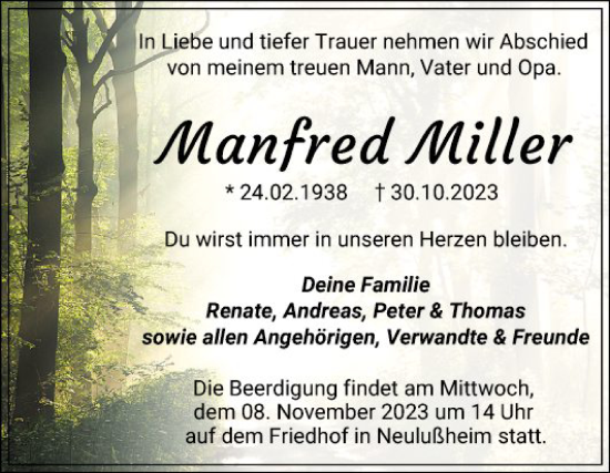 Traueranzeige von Manfred Miller von Schwetzinger Zeitung