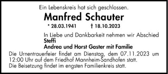 Traueranzeige von Manfred Schauter von Mannheimer Morgen