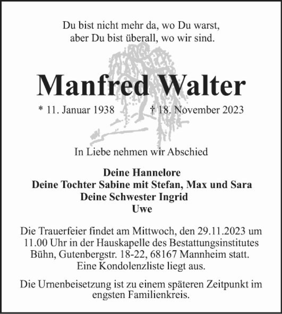  Traueranzeige für Manfred Walter vom 25.11.2023 aus Mannheimer Morgen