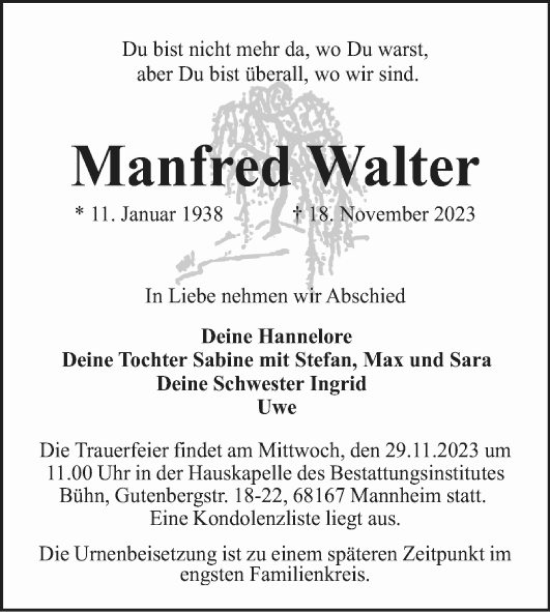 Traueranzeige von Manfred Walter von Mannheimer Morgen