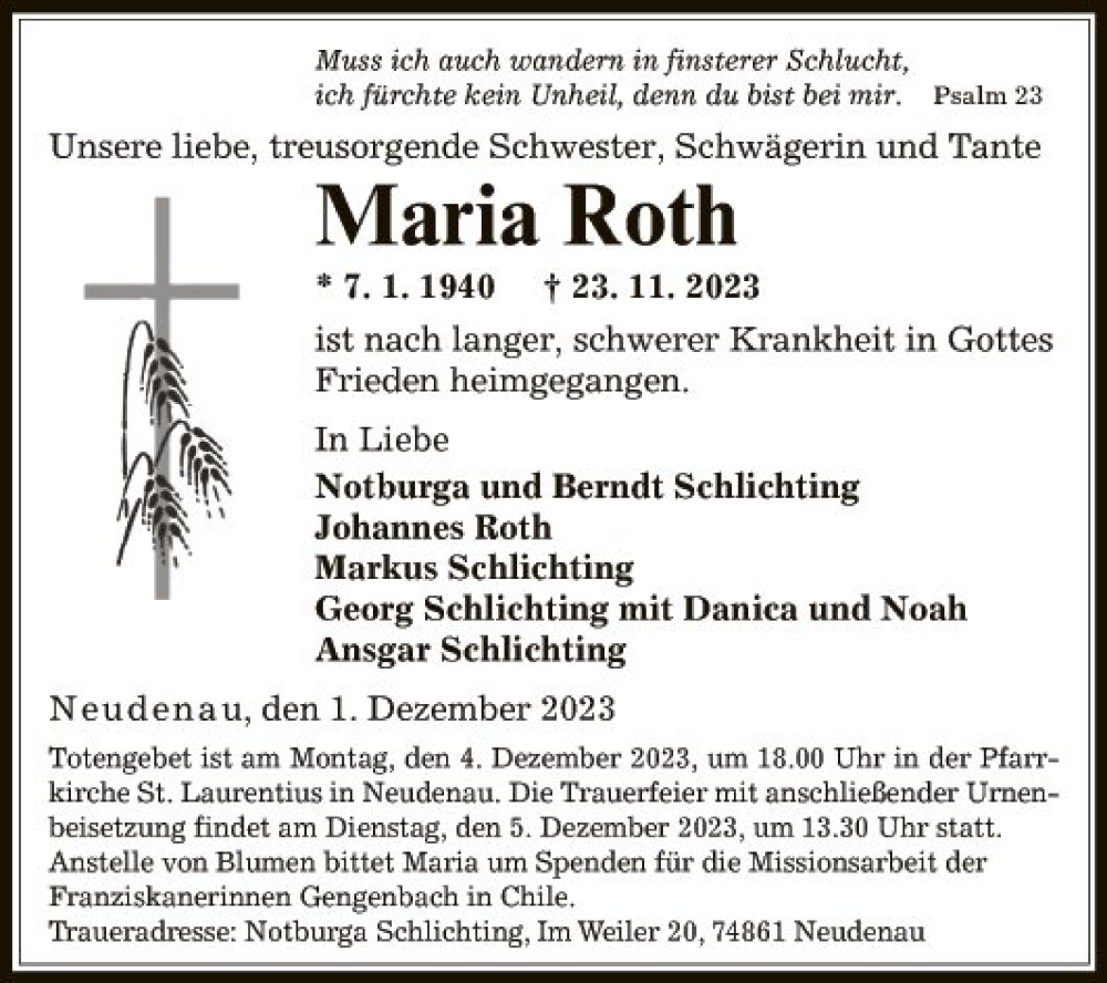  Traueranzeige für Maria Roth vom 01.12.2023 aus Fränkische Nachrichten