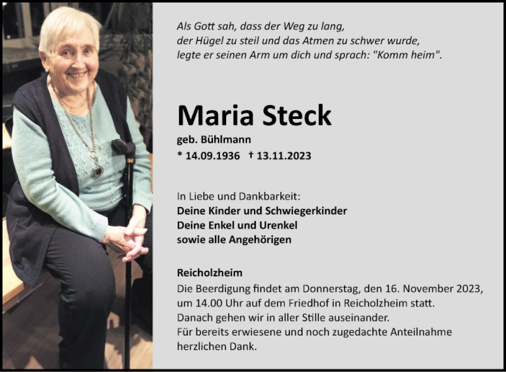  Traueranzeige für Maria Steck vom 15.11.2023 aus Fränkische Nachrichten
