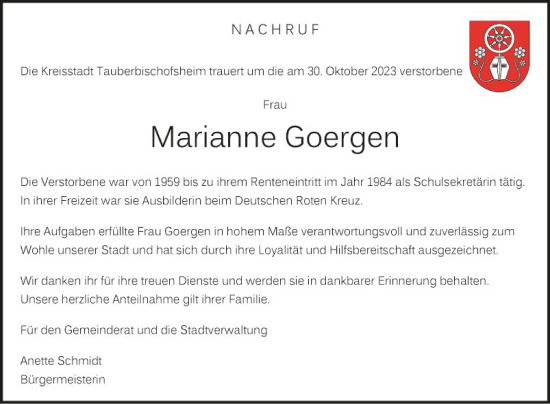 Traueranzeige von Marianne Goergen von Fränkische Nachrichten