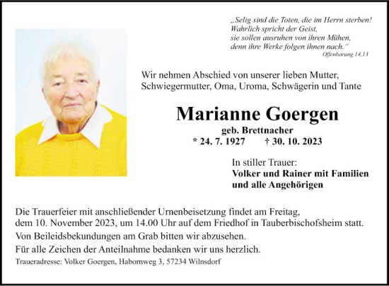 Traueranzeige von Marianne Goergen von Fränkische Nachrichten