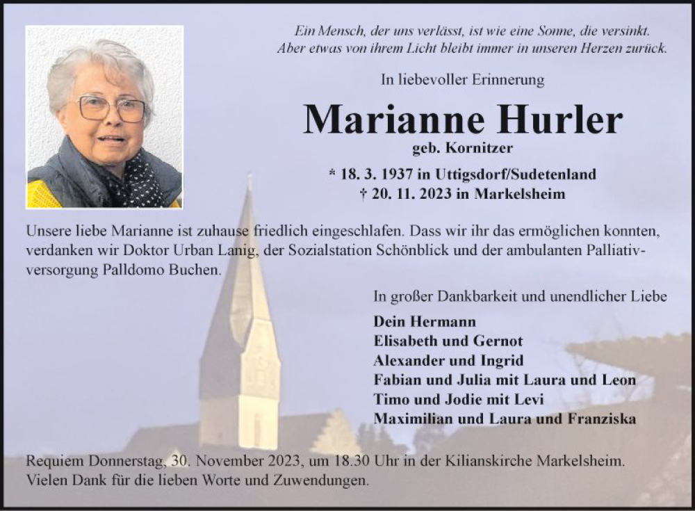  Traueranzeige für Marianne Hurler vom 28.11.2023 aus Fränkische Nachrichten