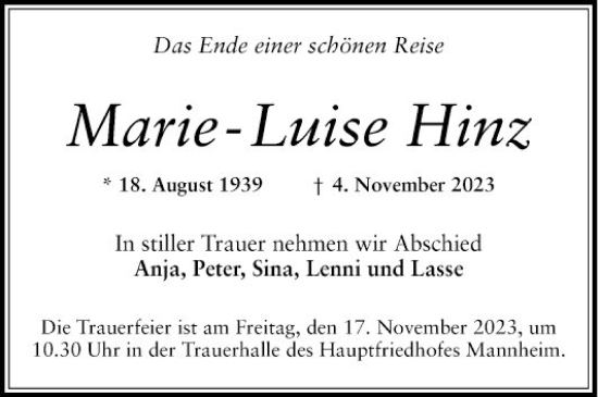 Traueranzeige von Marie-Luise Hinz von Mannheimer Morgen