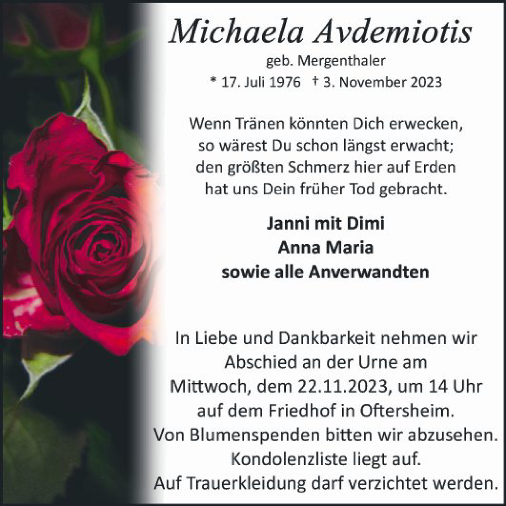  Traueranzeige für Michaela Avdemiotis vom 18.11.2023 aus Schwetzinger Zeitung