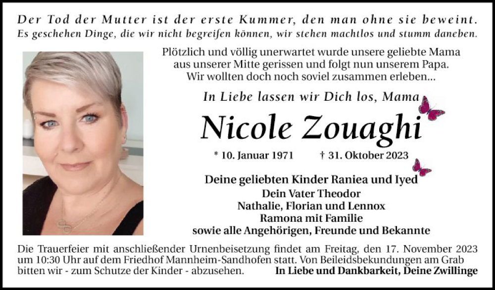  Traueranzeige für Nicole Zouaghi vom 11.11.2023 aus Mannheimer Morgen