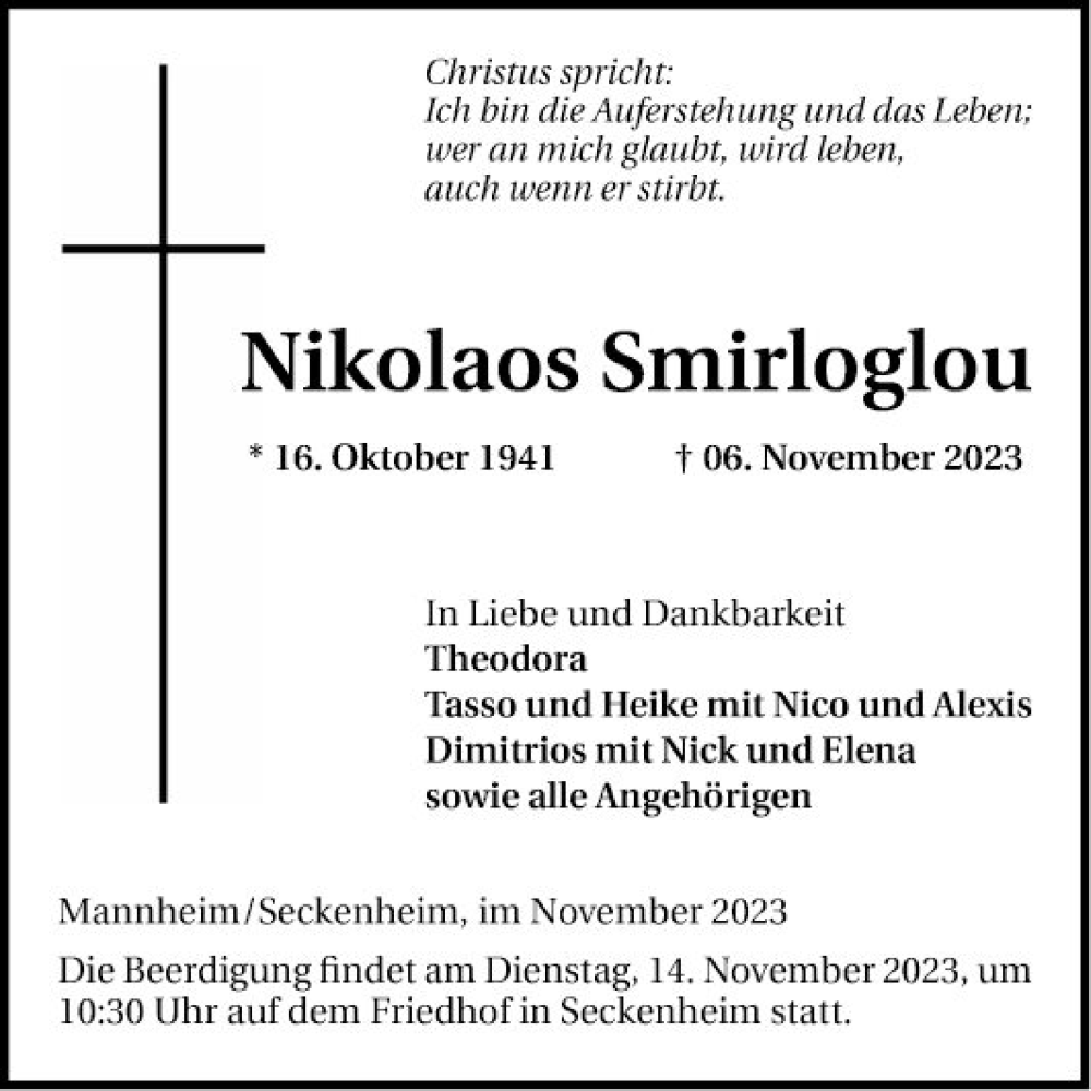  Traueranzeige für Nikolaos Smirloglou vom 11.11.2023 aus Mannheimer Morgen
