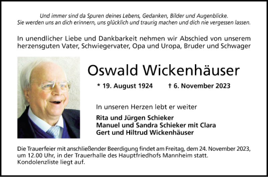 Traueranzeige von Oswald Wickenhäuser von Mannheimer Morgen