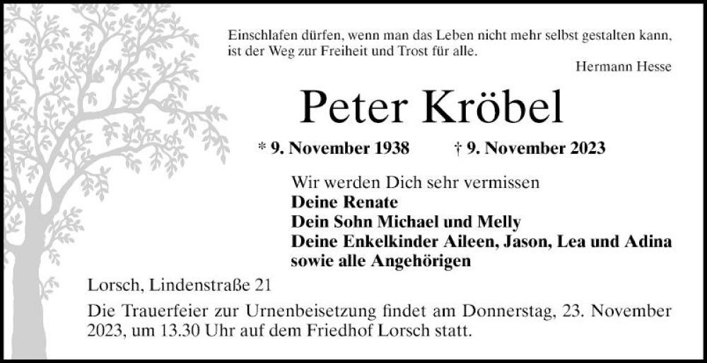  Traueranzeige für Peter Kröbel vom 18.11.2023 aus Bergsträßer Anzeiger