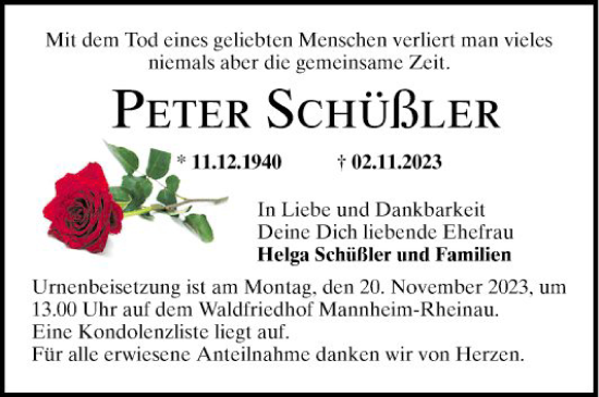 Traueranzeige von Peter Schüßler von Mannheimer Morgen