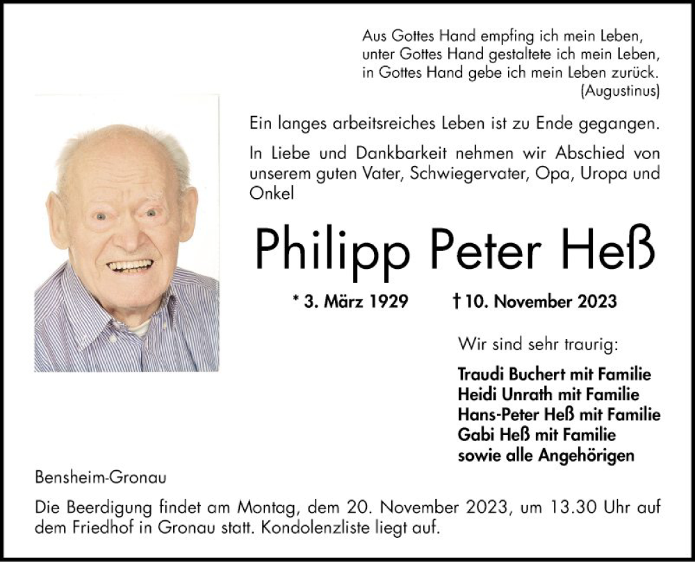  Traueranzeige für Philipp Peter Heß vom 18.11.2023 aus Bergsträßer Anzeiger