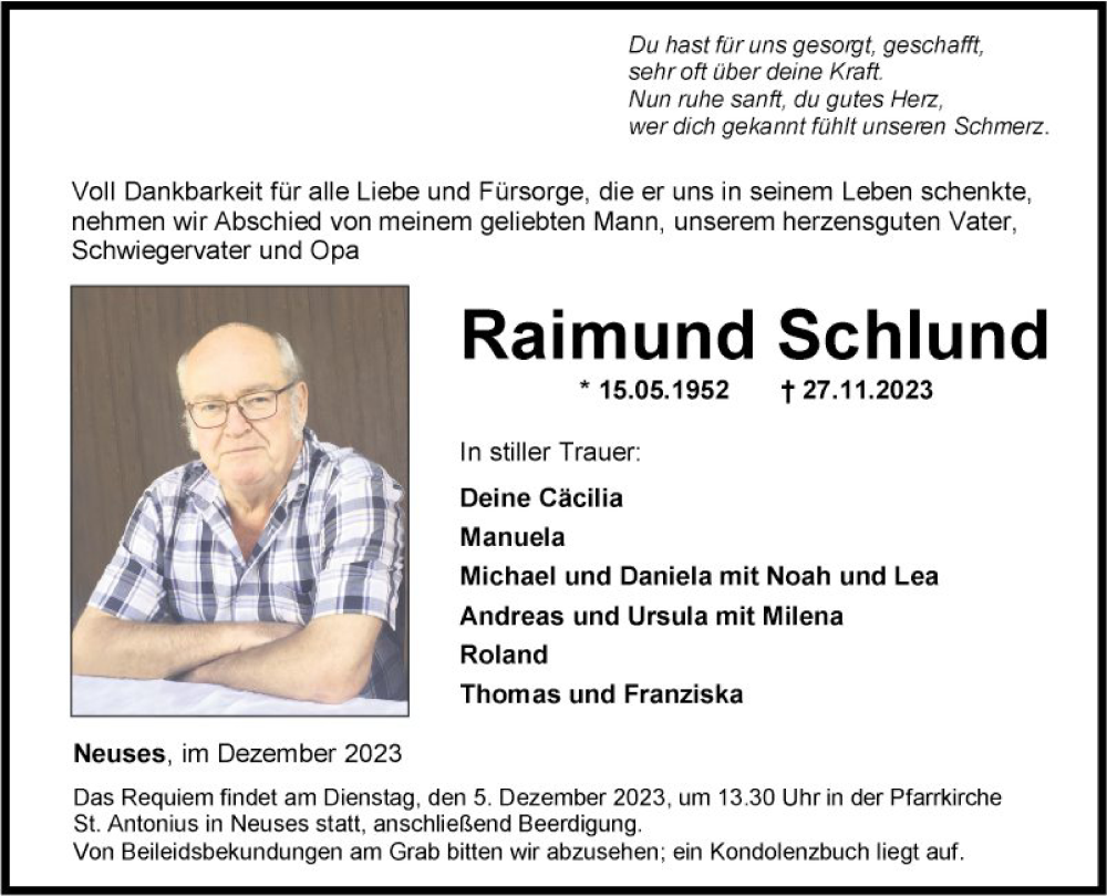  Traueranzeige für Raimund Schlund vom 01.12.2023 aus Fränkische Nachrichten