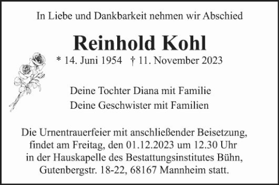 Traueranzeige von Reinhold Kohl von Mannheimer Morgen