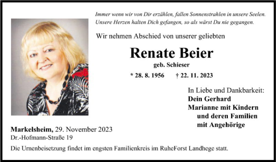 Traueranzeige von Renate Beier von Fränkische Nachrichten