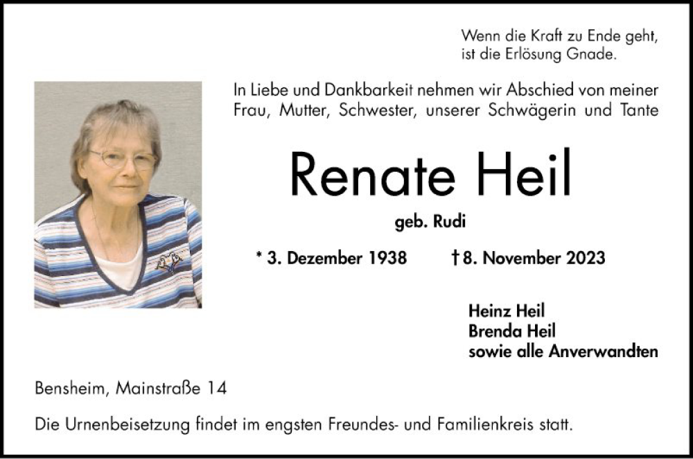  Traueranzeige für Renate Heil vom 18.11.2023 aus Bergsträßer Anzeiger
