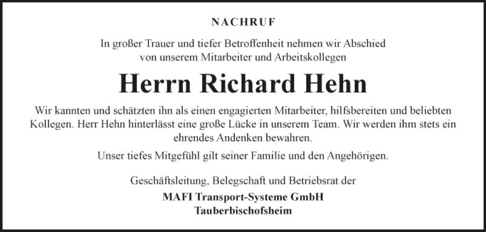  Traueranzeige für Richard Hehn vom 16.11.2023 aus Fränkische Nachrichten