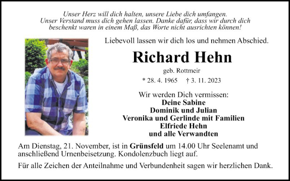  Traueranzeige für Richard Hehn vom 16.11.2023 aus Fränkische Nachrichten