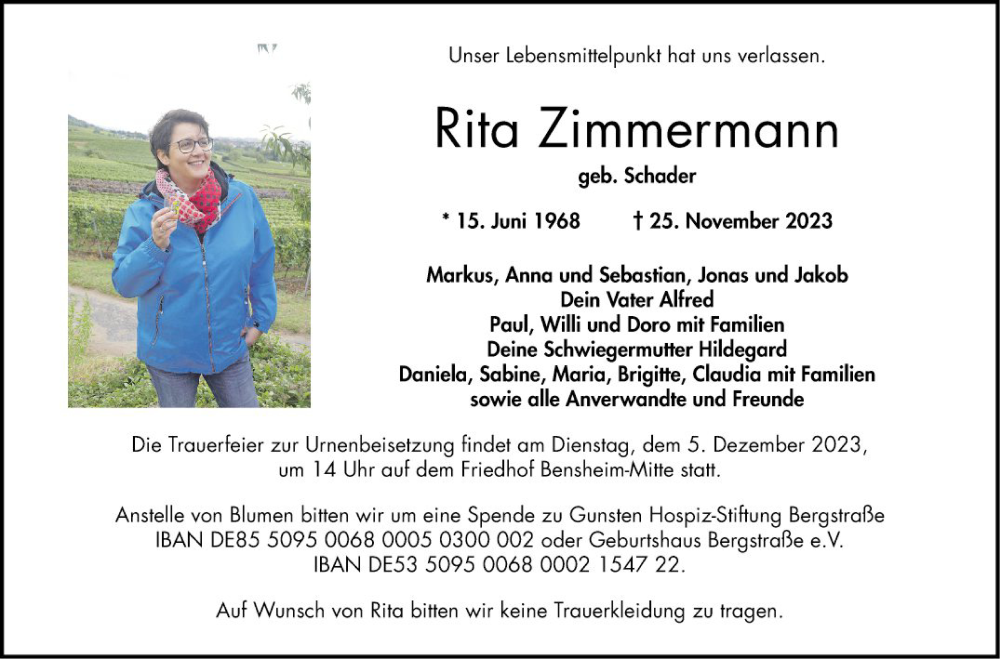  Traueranzeige für Rita Zimmermann vom 30.11.2023 aus Bergsträßer Anzeiger