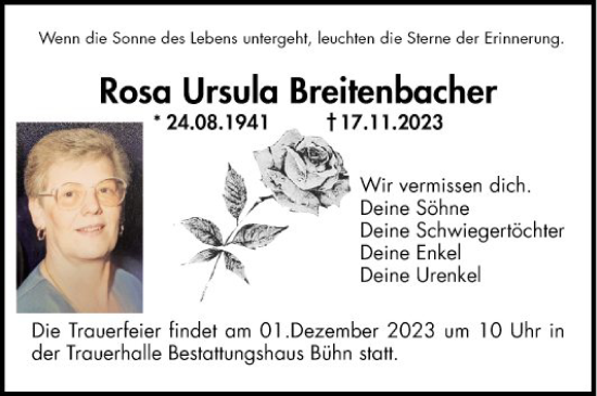 Traueranzeige von Rosa Ursula Breitenbacher von Mannheimer Morgen