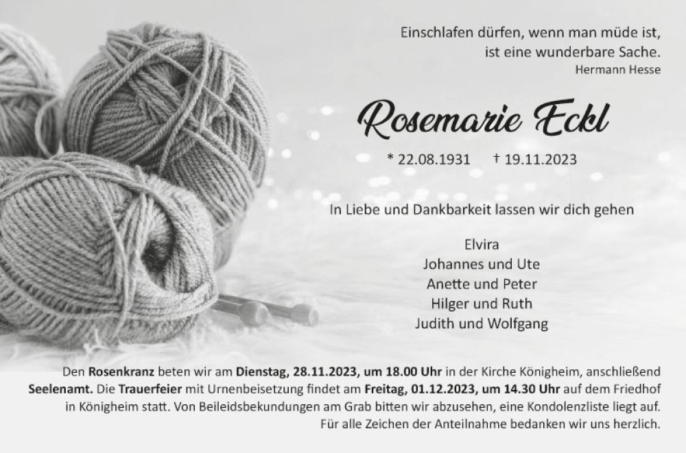  Traueranzeige für Rosemarie Eckl vom 25.11.2023 aus Fränkische Nachrichten
