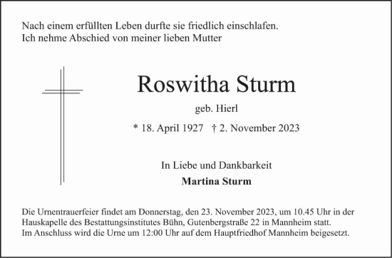 Traueranzeige von Roswitha Sturm von Mannheimer Morgen