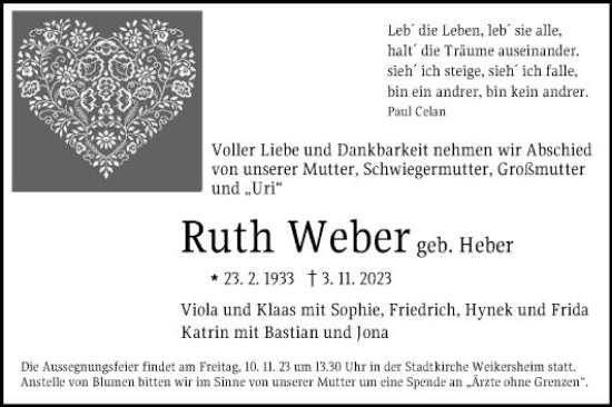 Traueranzeige von Ruth Weber von Fränkische Nachrichten