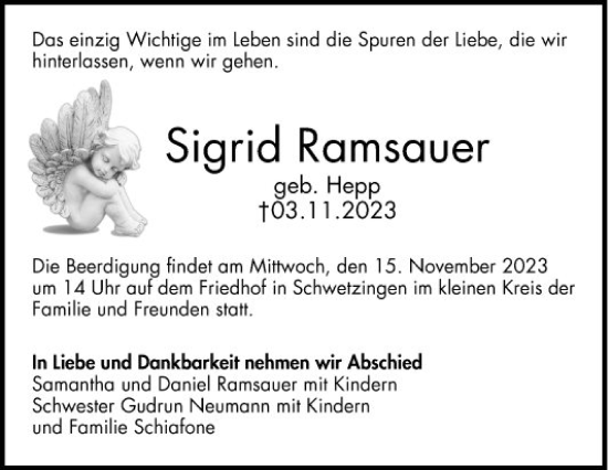 Traueranzeige von Sigrid Ramsauer von Schwetzinger Zeitung