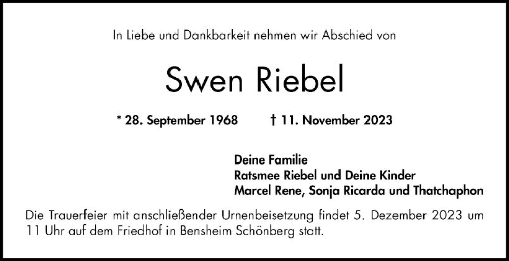  Traueranzeige für Swen Riebel vom 25.11.2023 aus Bergsträßer Anzeiger