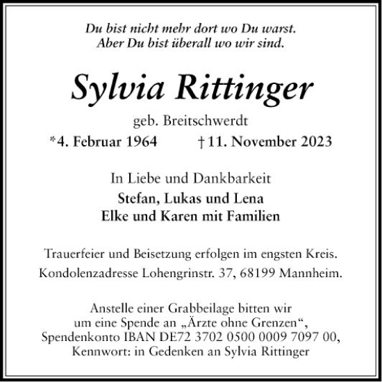 Traueranzeige von Sylvia Rittinger von Mannheimer Morgen