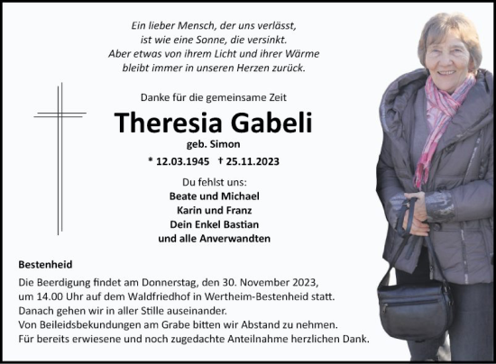 Traueranzeige von Theresia Gabeli von Fränkische Nachrichten