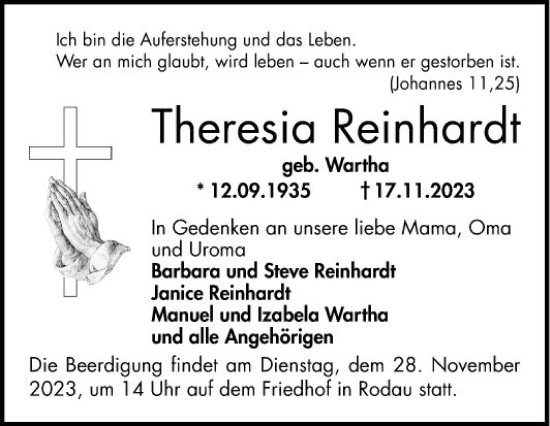 Traueranzeige von Theresia Reinhardt von Bergsträßer Anzeiger
