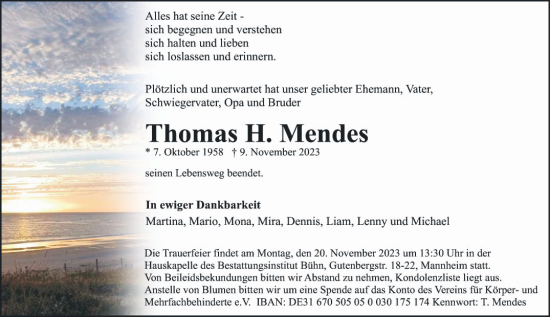 Traueranzeige von Thomas H. Mendes von Mannheimer Morgen