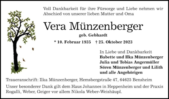 Traueranzeige von Vera Münzenberger von Bergsträßer Anzeiger