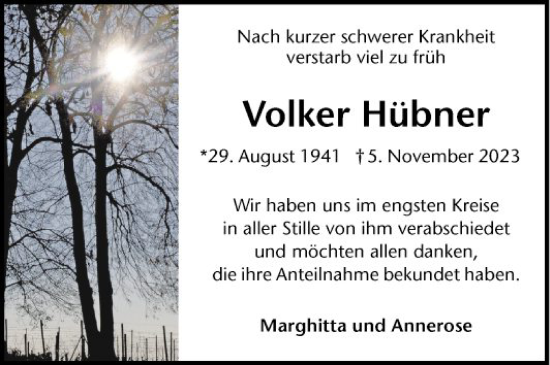 Traueranzeige von Volker Hübner von Schwetzinger Zeitung